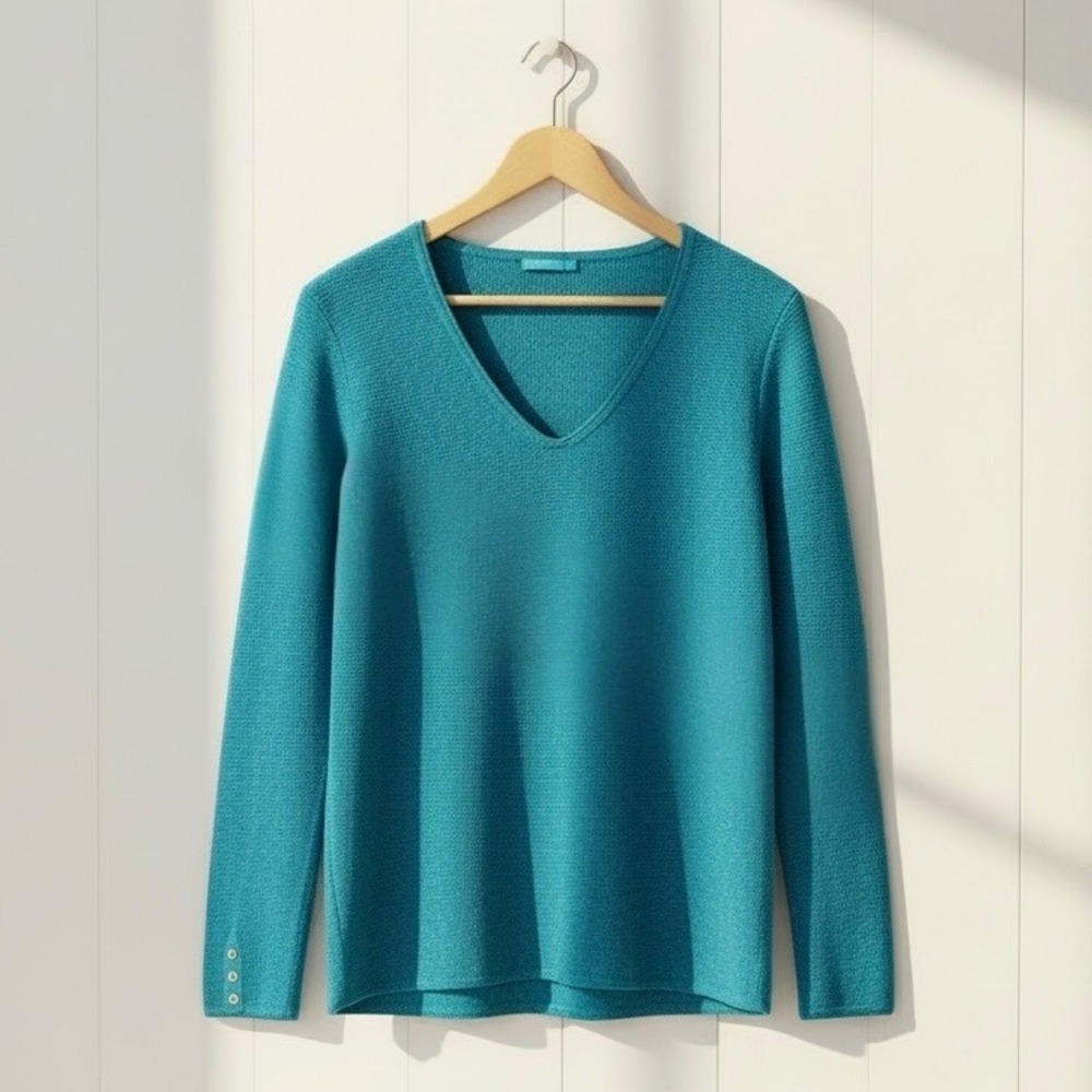 J. McLaughlin‎ V Neck Turquoise Breezy Knit Pullover Sweater M Coastal Luxe